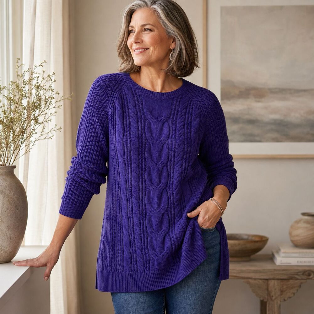 J Jill Chenille Cable Knit Tunic Sweater L Purple Raglan Crewneck Cozy Long